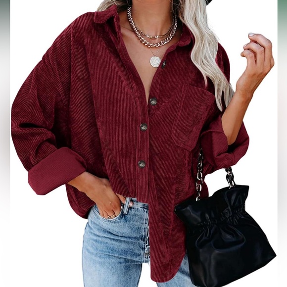 NWOT ZOLUCKY Corduroy Long Sleeve Button Down Shacket in Wine, Size Medium - Picture 3 of 9